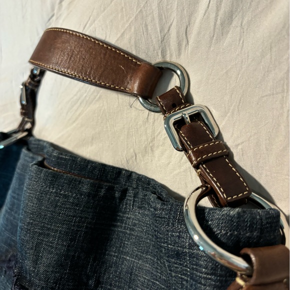 Authentic Vintage Prada Tote Blue Jean Bag Brown Leather Handle - Picture 2 of 12